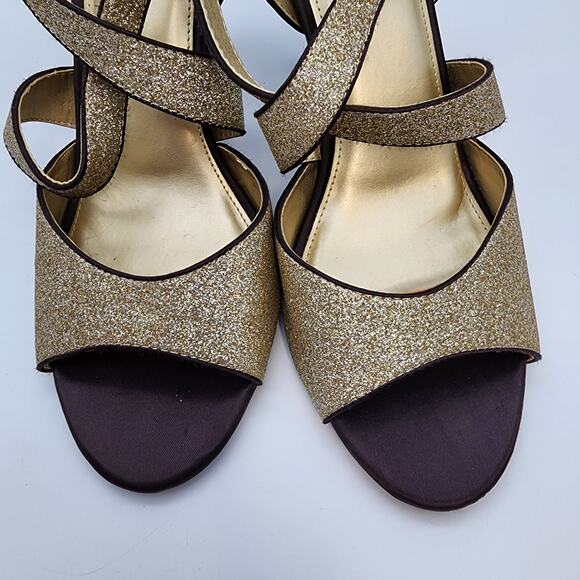 M by Marinelli Sparkle Gold Peep Toe Heels Size 8 Dark Brown Strappy Cocktail - Picture 5 of 10